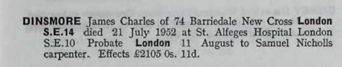 James Charles Dinsmore probate record 1952
